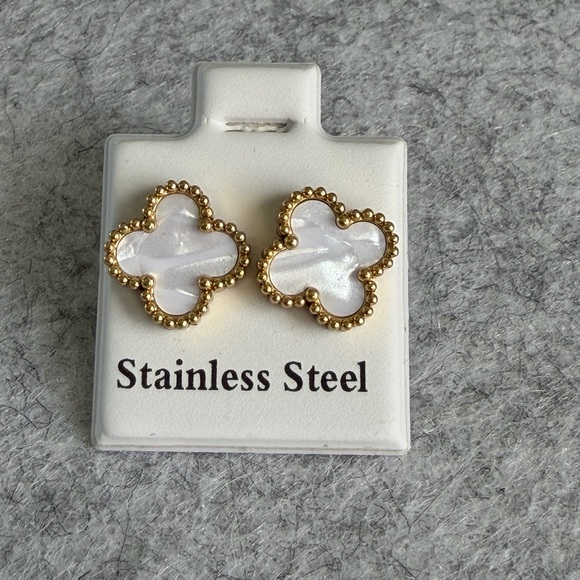 Jewelry - Gold Stainless Steel Mother-of-Pearl Clover Stud Earrings